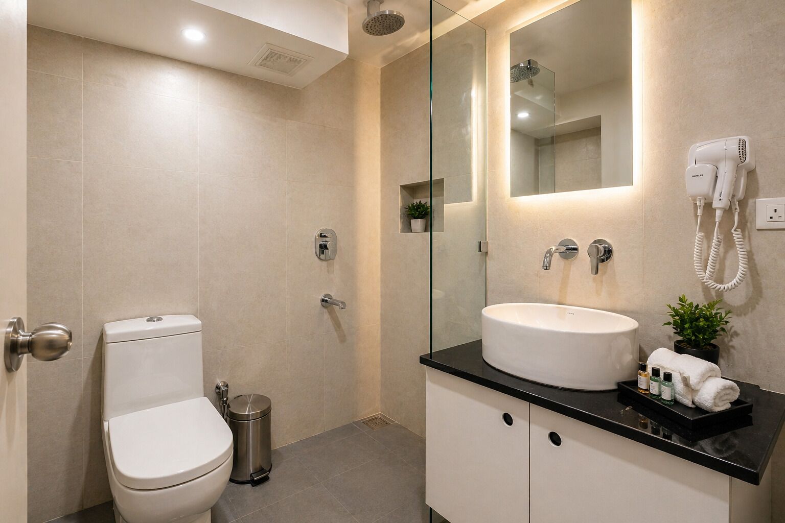 Shower, hydromassage showerhead, designer toiletries, hair dryer