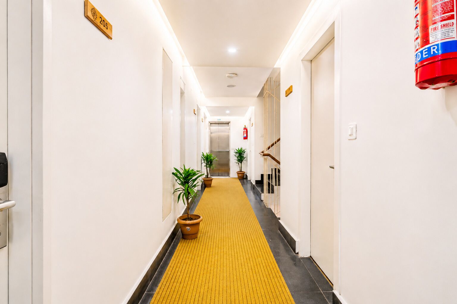 A hotel hallway with a yellow tactile path, potted plants, a fire extinguisher, and a sign indicating room number 205.