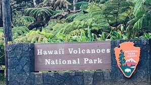 Señal de Hawaii Volcanoes National Park, con un muro de piedra y abundante vegetación de fondo.