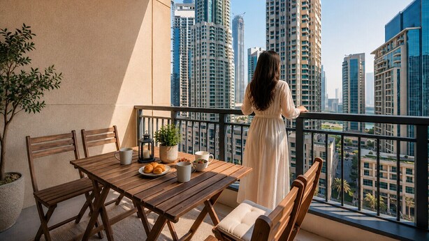 Un balcone con tavolo, sedie, una pianta in vaso e vista su edifici alti.