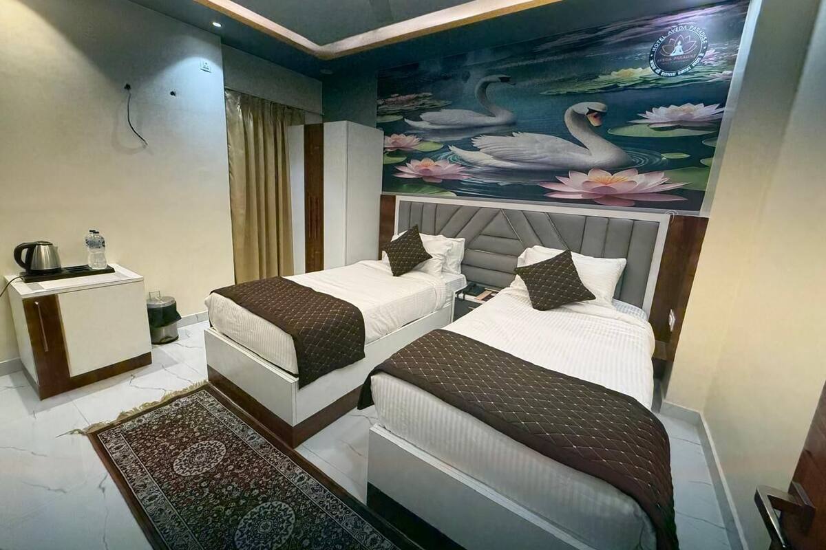 Habitación de hotel con dos camas, un escritorio pequeño, un ventilador de techo y un mural con cisnes y nenúfares en la pared.