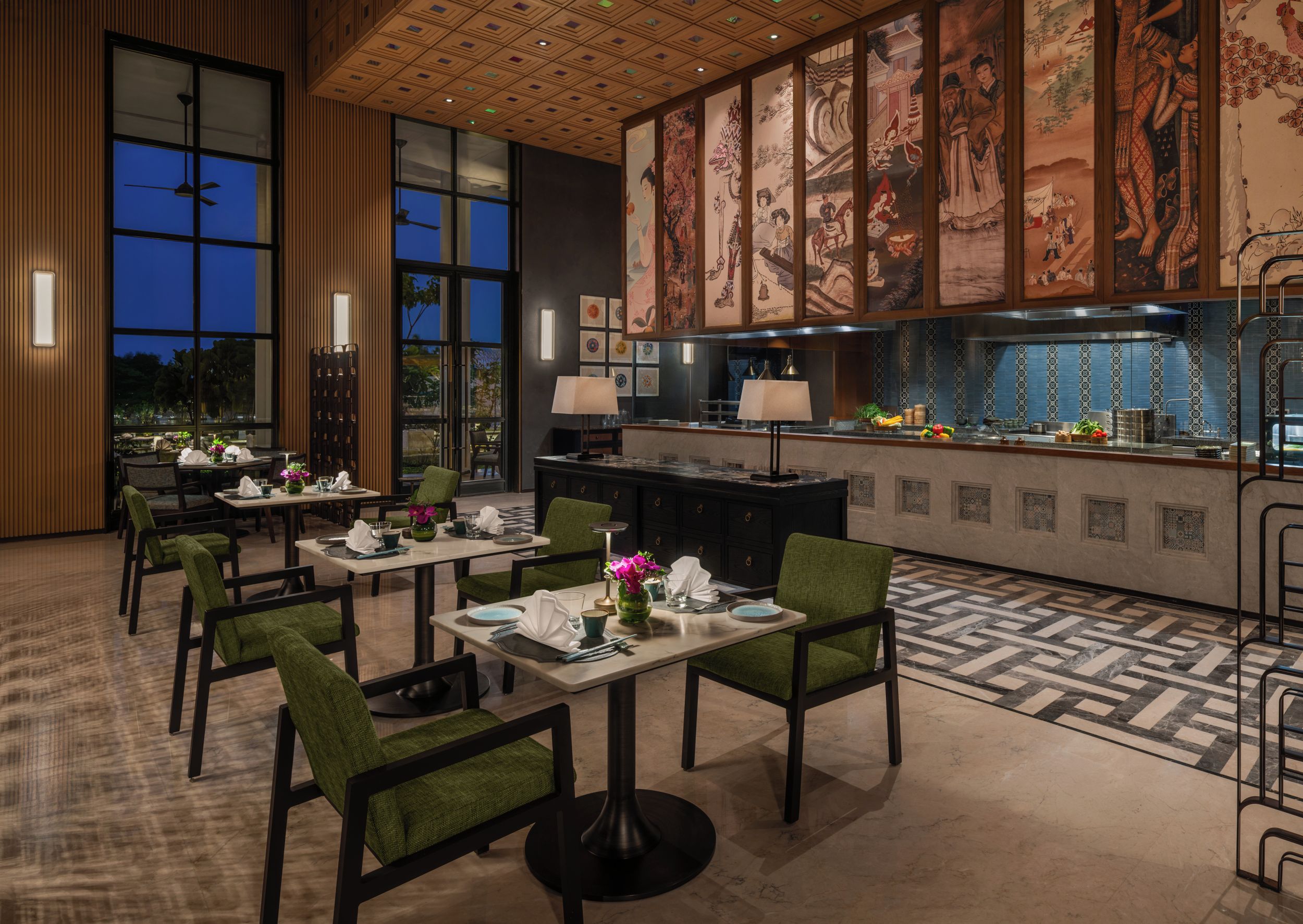 A restaurant with a traditional Asian decor, featuring wooden paneling, large windows, and a tiled floor.
