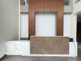 Una recepción con encimera de mármol y panel de madera en el fondo.