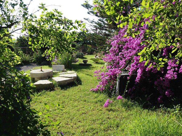 Un jardín con un sendero de piedra, abundante vegetación y plantas en flor.