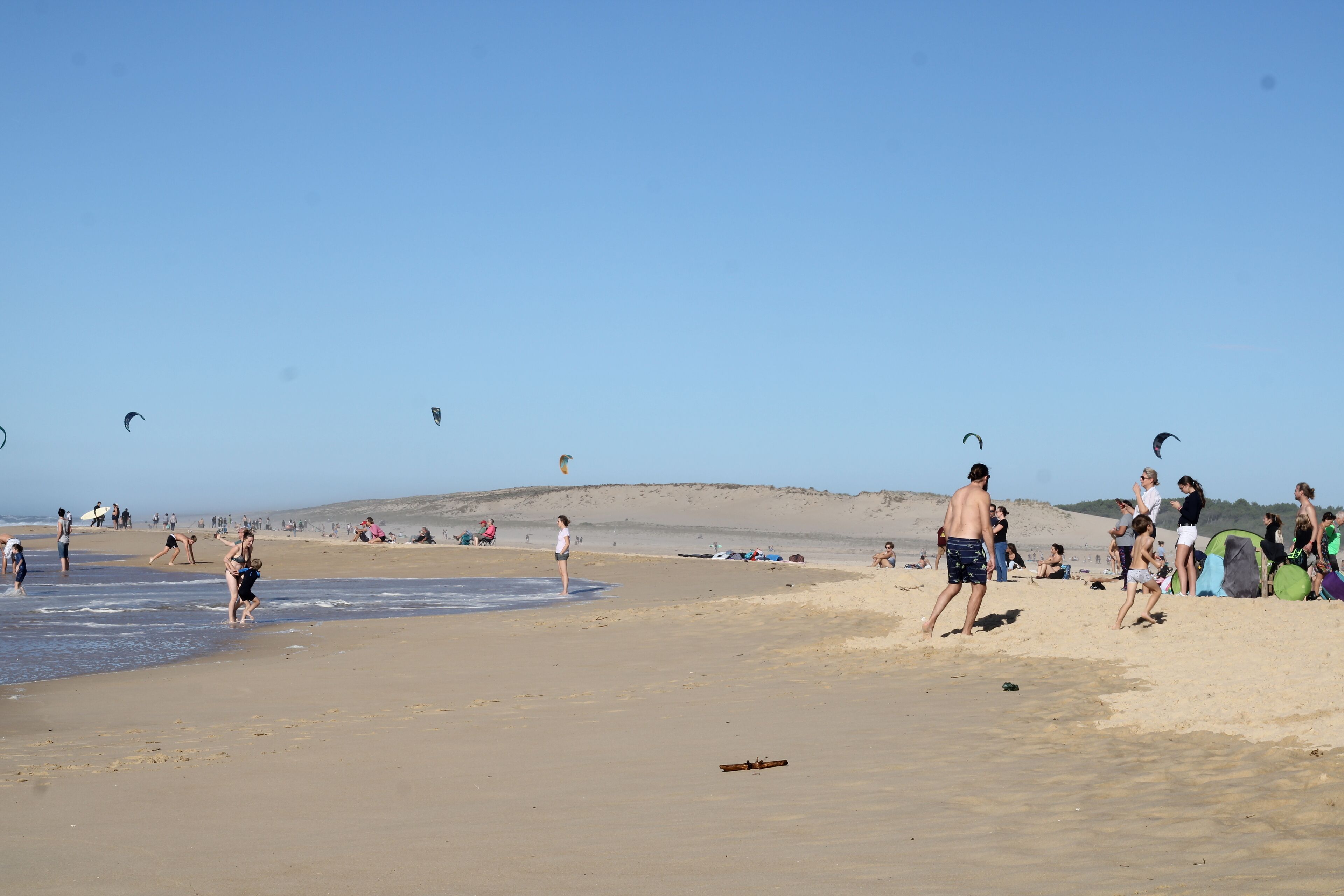 A beach with people walking and flying kites.