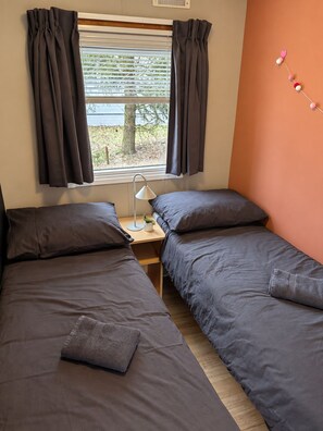 A bedroom with two single beds, a bedside table with a lamp, and a window with curtains. - Boslodge 't Wims, a lovely chalet with a covered patio (Eext)