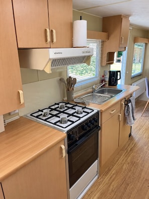 A compact kitchen with a gas stove, oven, and a sink. - Boslodge 't Wims, a lovely chalet with a covered patio (Eext)