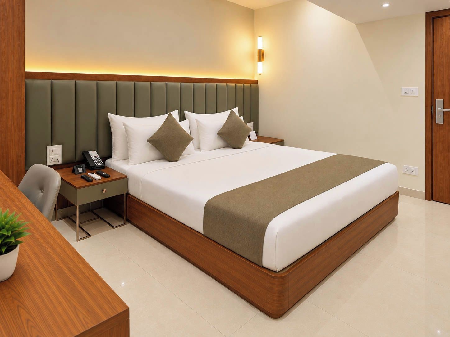 Una habitación de hotel con una cama grande, un escritorio con teléfono y una mesita de noche.