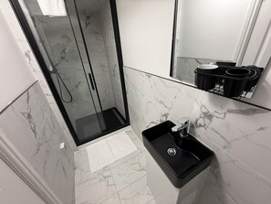 Shower, hair dryer, towels, toilet paper