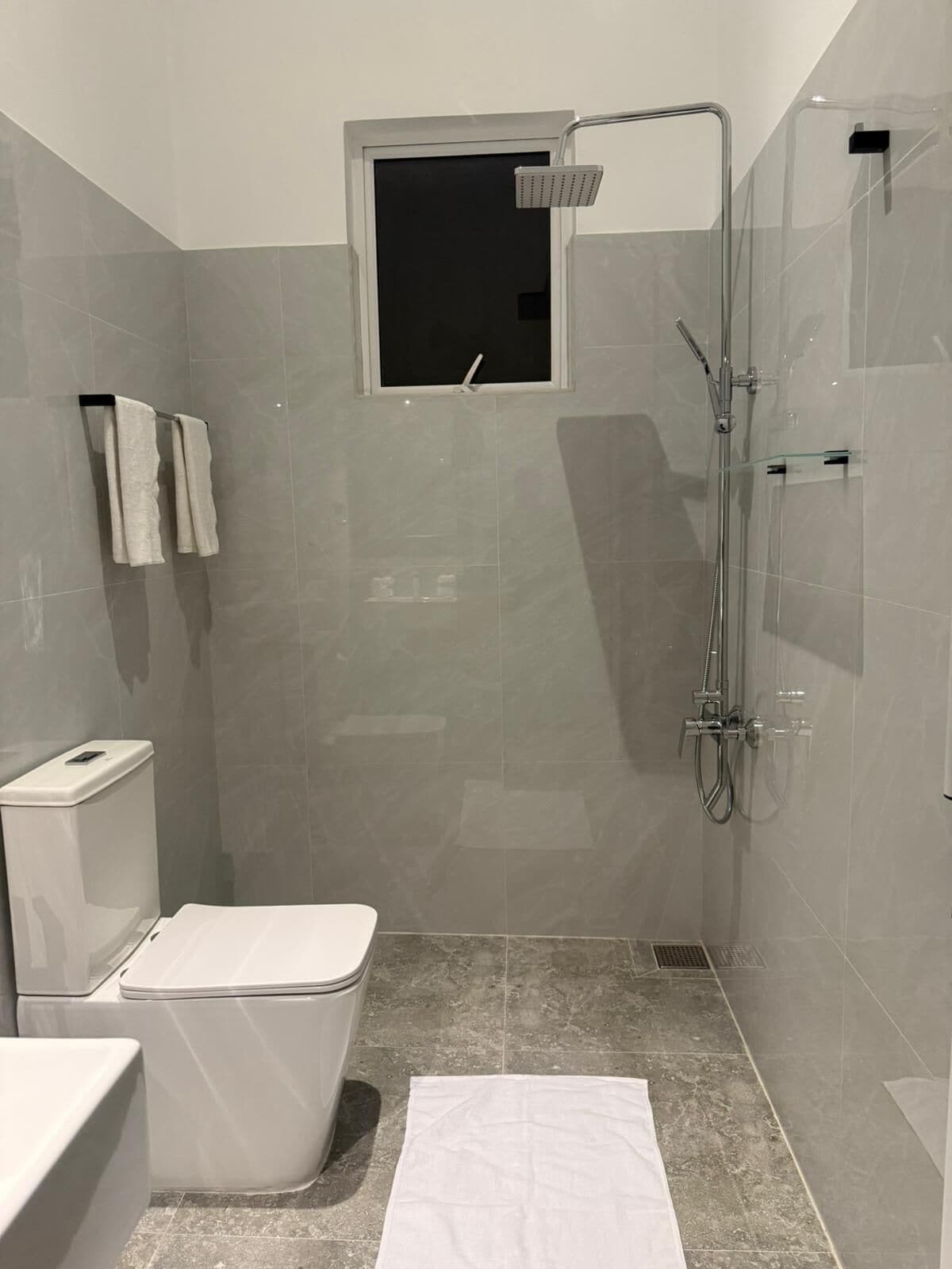 Chuveiro, secador de cabelo, toalhas de banho, sabonete