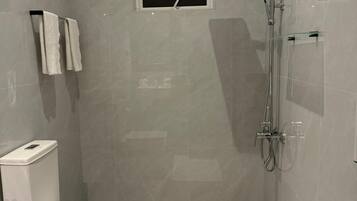 Chuveiro, secador de cabelo, toalhas de banho, sabonete