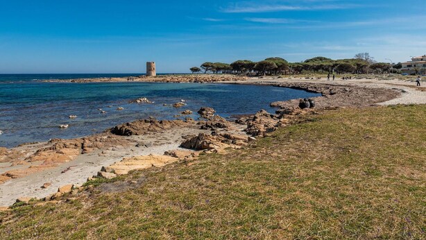 A coastal landscape with a rocky shoreline, a tower, and a beach with trees and people. - Cosy apartment for 4 guests with A/C, WIFI, private pool, TV and terrace (Posada)