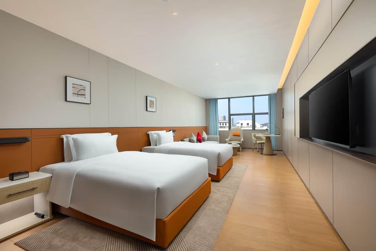 Habitació d'hotel moderna amb dos llits, una televisió, un escriptori i vistes a la ciutat.