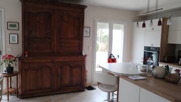 Fridge, microwave, electric kettle, toaster