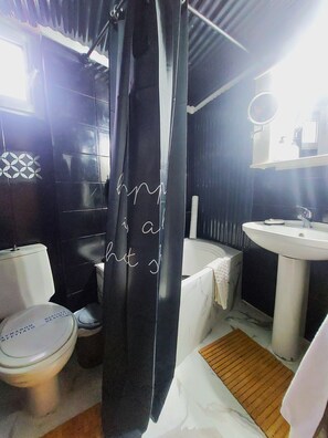 Hair dryer, towels, soap, toilet paper