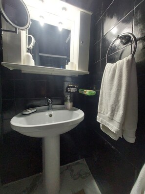 Hair dryer, towels, soap, toilet paper