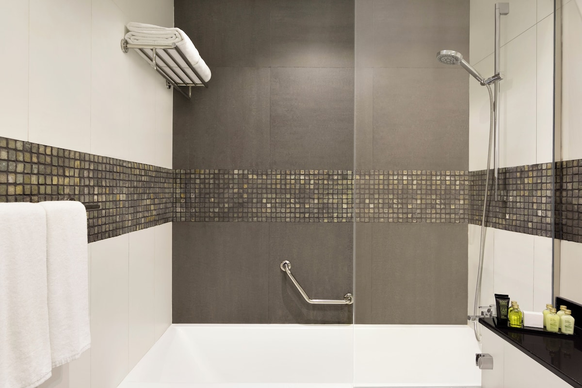 A modern bathroom with a bathtub, a shower, a handrail, and a towel rack.