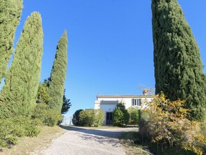 A rural property with a gravel driveway leading to a white building with a dark door, surrounded by tall cypress trees. - Wonderful private villa for 12 people with WIFI, TV, patio, pets allowed and panoramic view (Scansano)