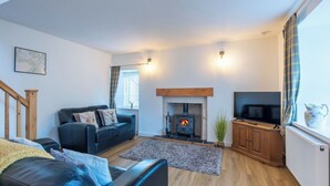 A modern living room with a fireplace, a sofa, a television, and a wooden floor. - Wonderful private villa for 4 guests with WIFI, TV and pets allowed (Inverness)