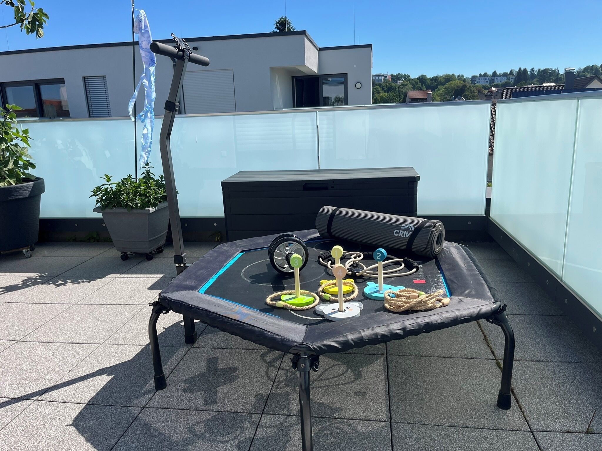 A rooftop with a trampoline, exercise equipment, and potted plants.