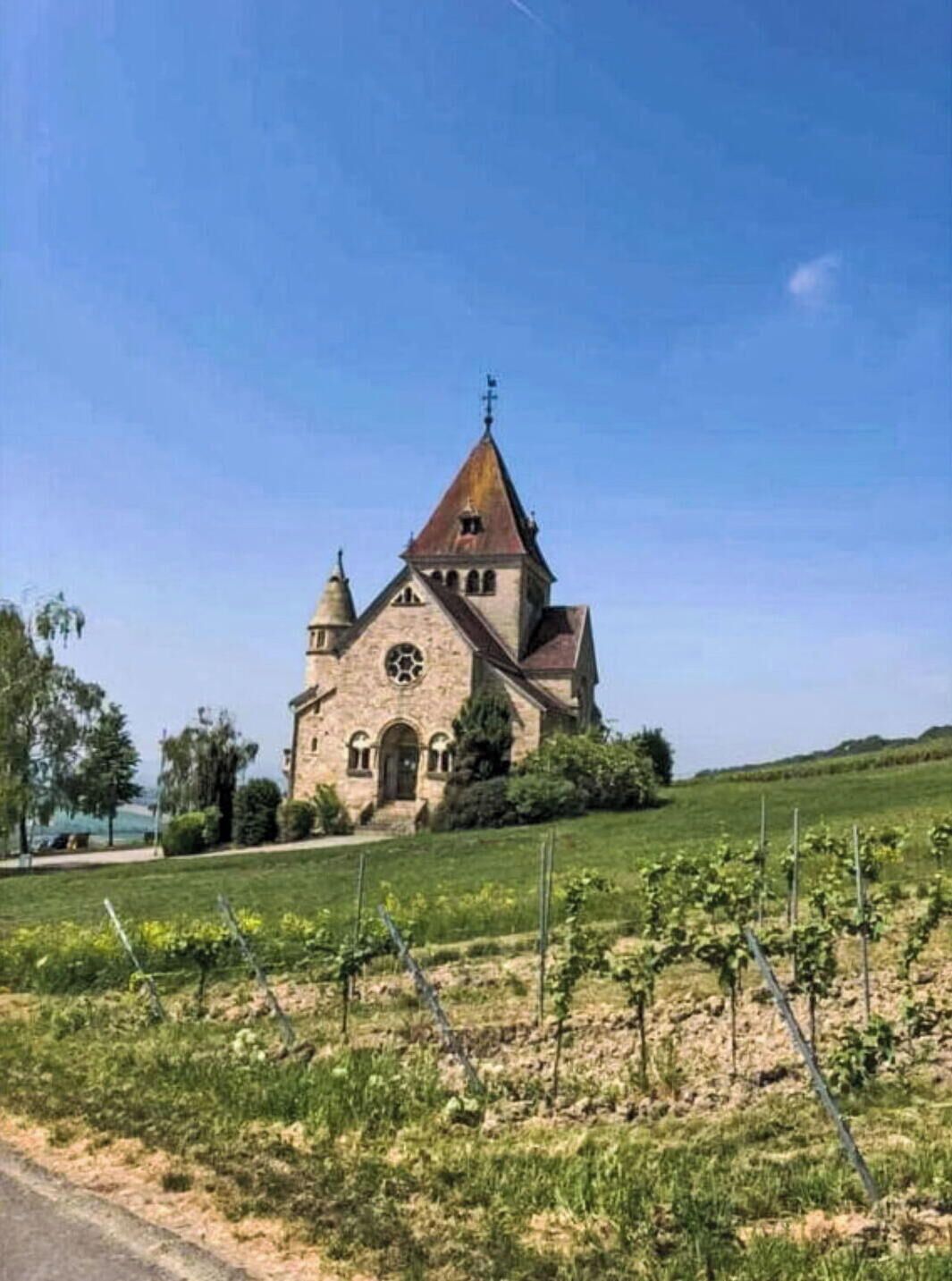 Une église dotée d’un clocher imposant et d’une fenêtre circulaire, entourée d’un vignoble.