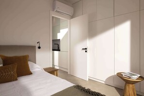 Une chambre à coucher moderne avec un lit, une table de chevet, un petit tabouret en bois et une armoire.