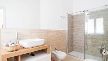 Hair dryer, bidet, towels, soap