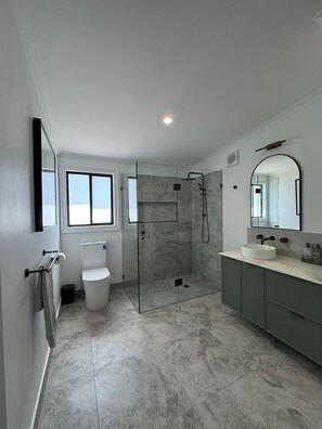 Shower, hair dryer, towels, soap