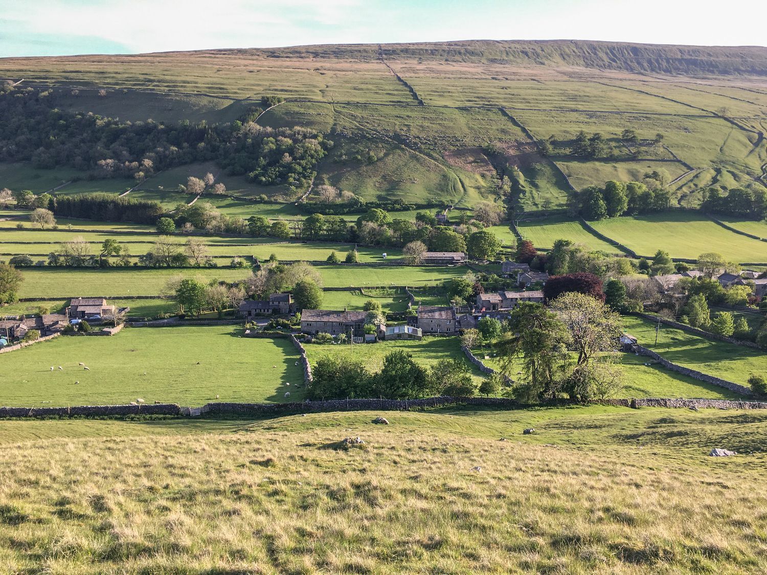 A rural landscape with a village, stone walls, and green fields.