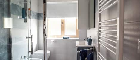 Shower, hair dryer, bidet, towels