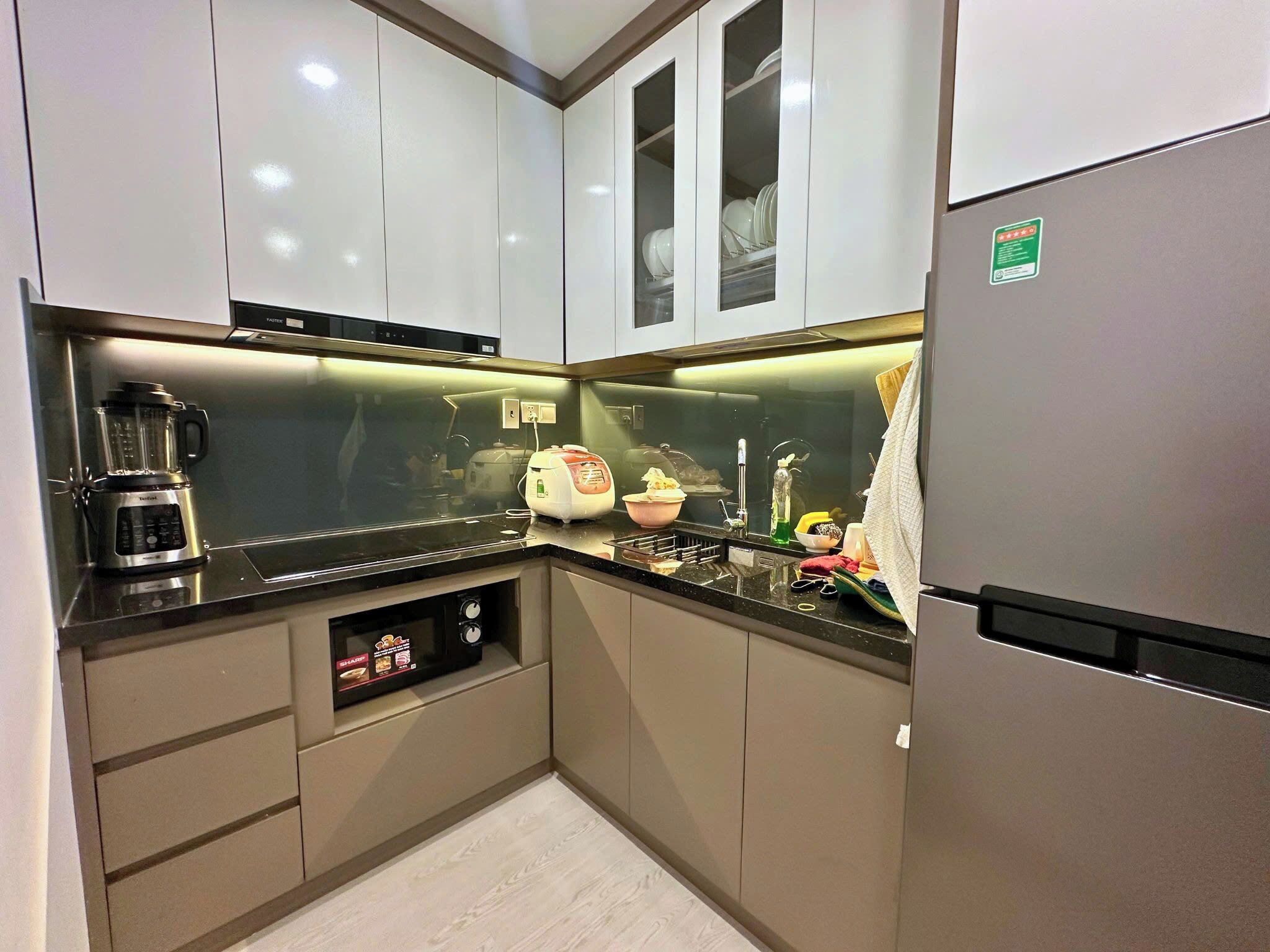 Apartemen Deluks, 1 kamar tidur, balkon, pemandangan pantai | Dapur pribadi | Lemari es besar, microwave, kompor, dan peralatan masak/sendok-piring