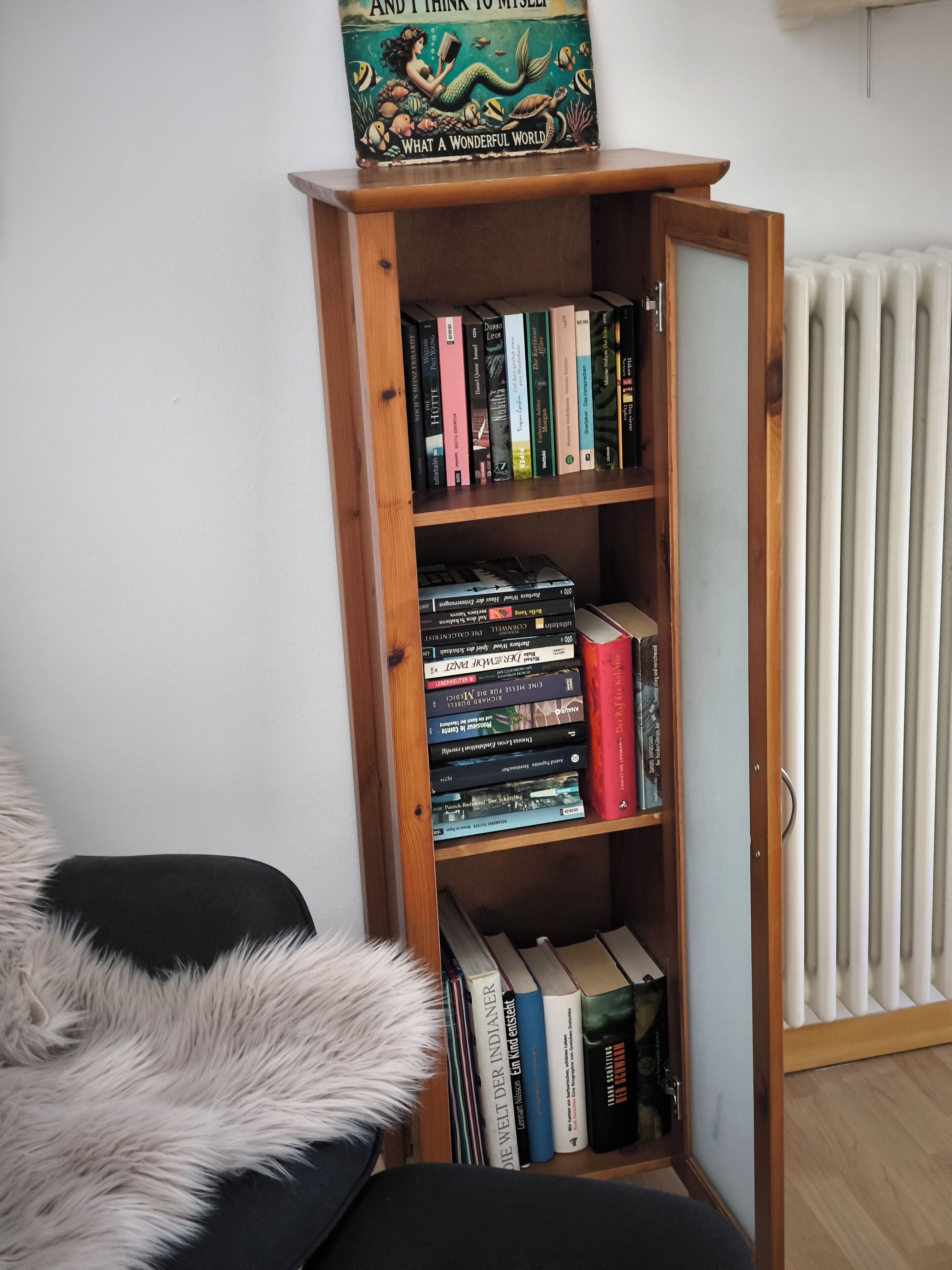 Een boekenplank met verschillende boeken, een behaaglijke fauteuil en een radiator op de achtergrond.