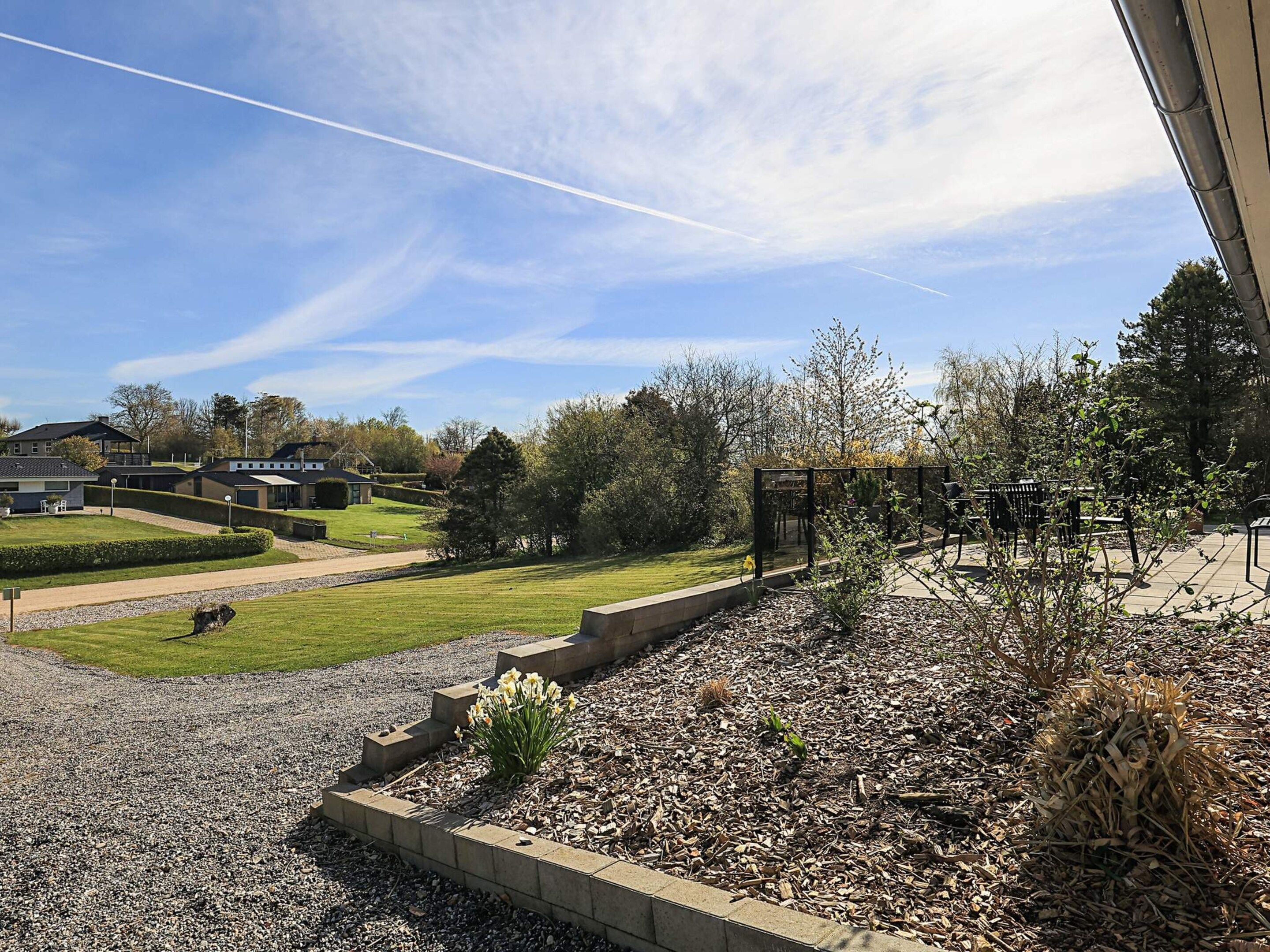 A landscaped outdoor area with a paved walkway, a garden bed with daffodils, and a bench.
