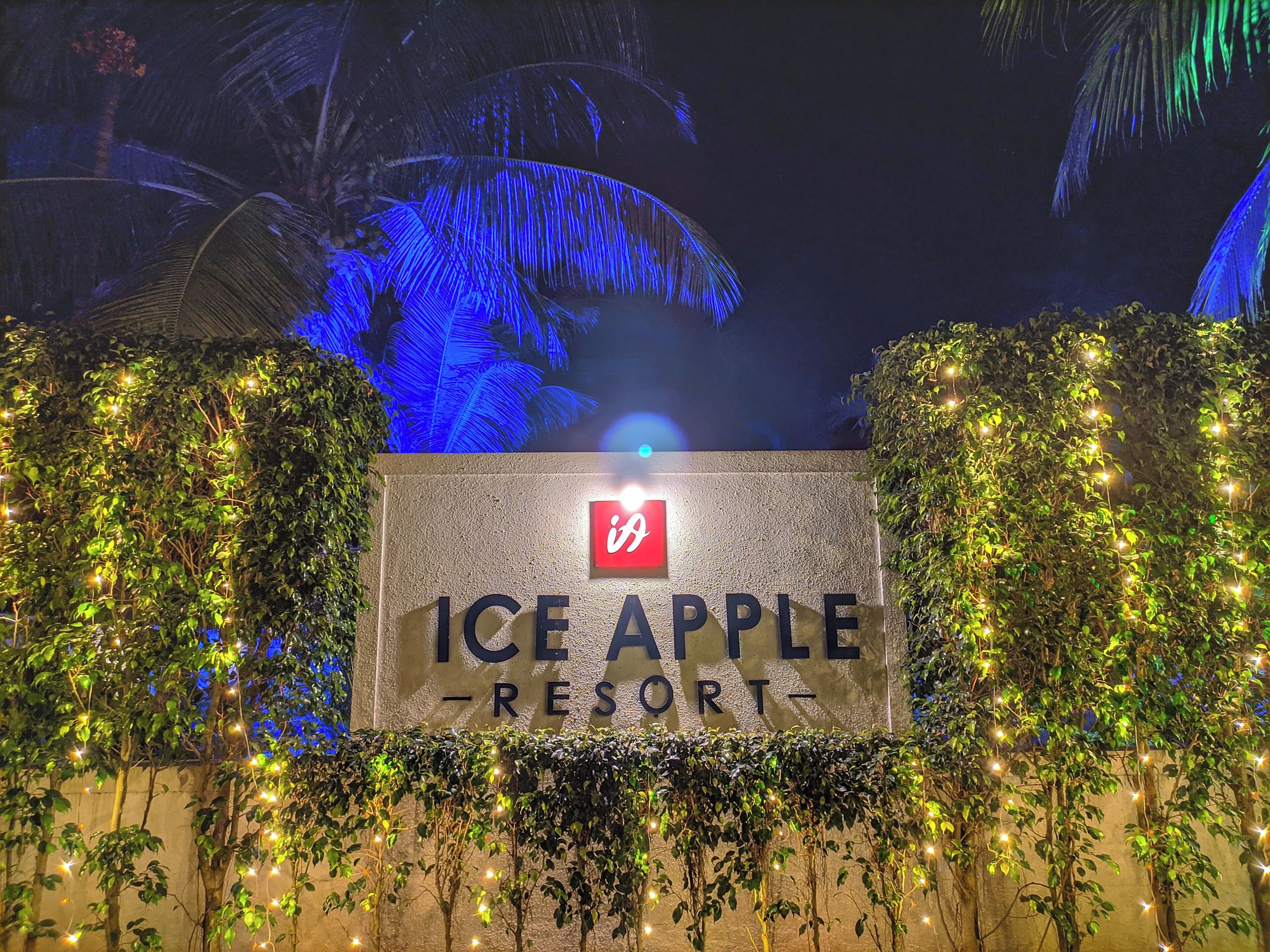 L’extérieur de l’Ice Apple Resort, avec son panneau indicateur, est entouré de verdure et illuminé de guirlandes lumineuses.