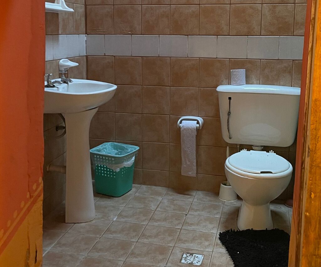 A bathroom with a sink, toilet, and a trash bin.