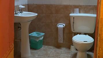 A bathroom with a sink, toilet, and a trash bin.