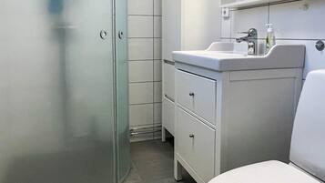 A bathroom with a glass shower enclosure, a white sink, and a toilet.