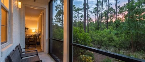 A porch with a view of a forest and a building with a white exterior.