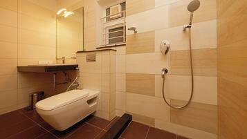 Hair dryer, towels, soap, toilet paper