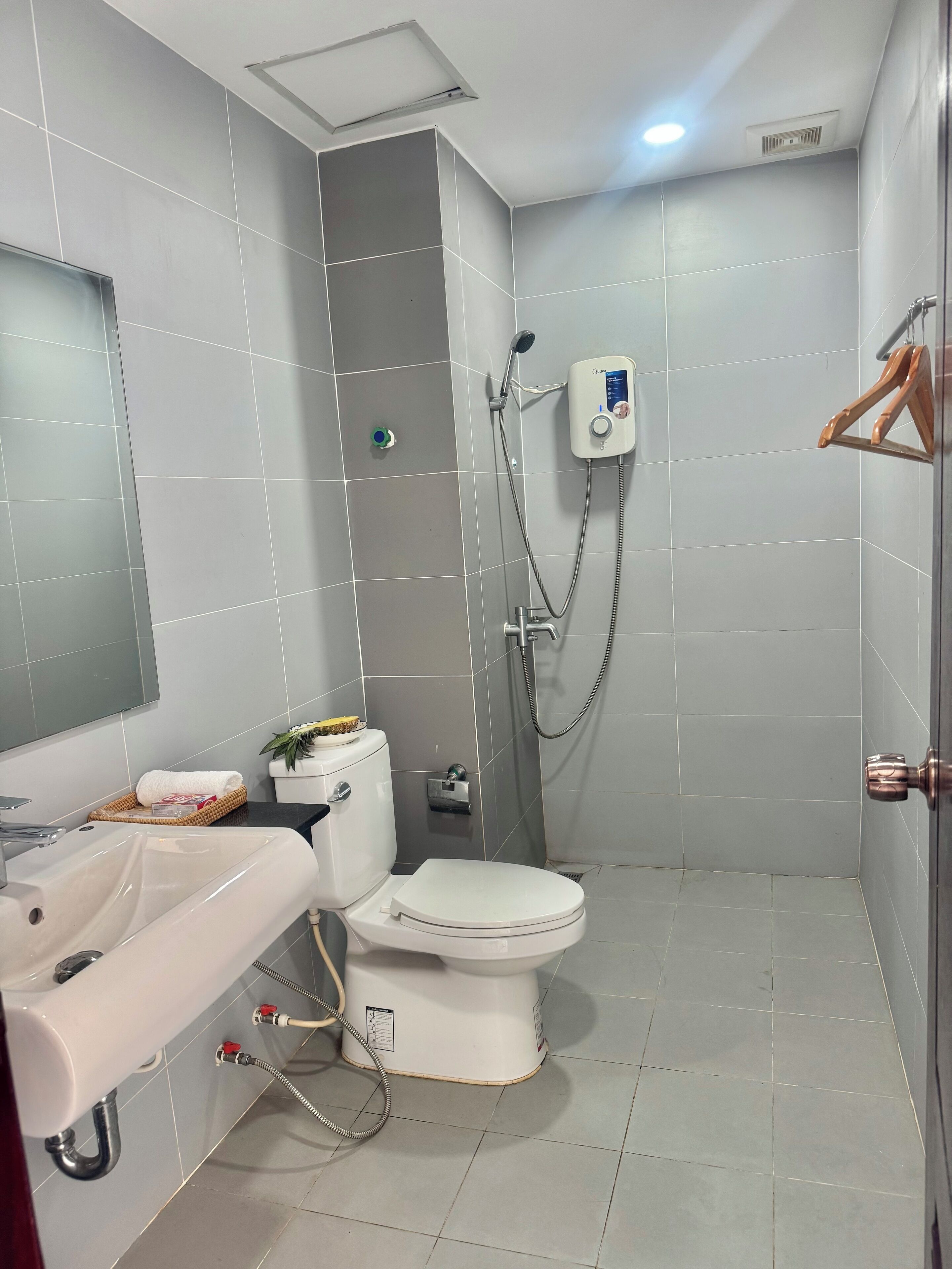Shower, hair dryer, bidet, towels