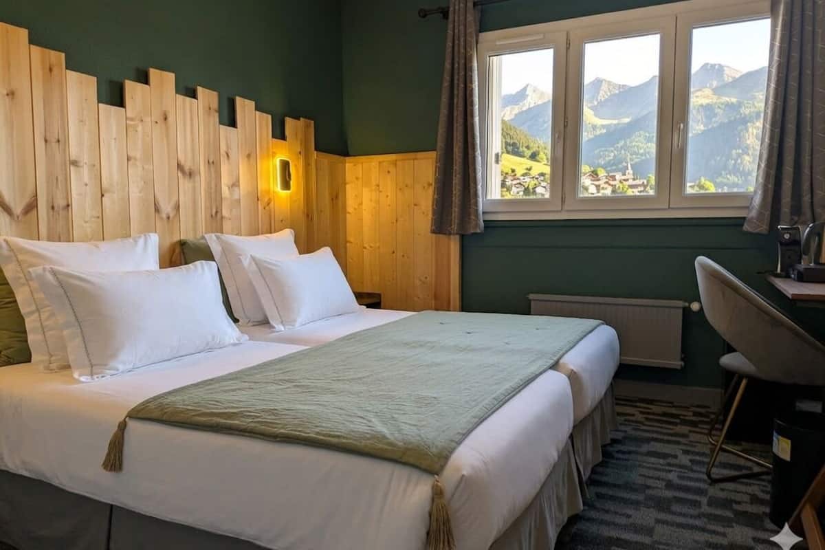 A bedroom with a bed, a desk, a chair, and a window with a mountain view.