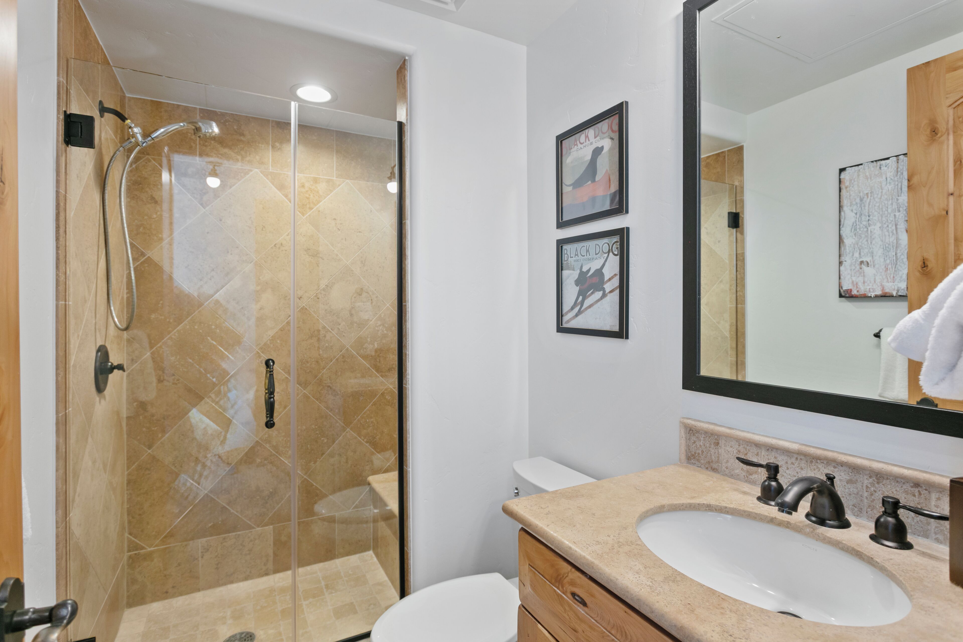 A modern bathroom with a glass-enclosed shower, a white toilet, and a beige sink with a large mirror above it.