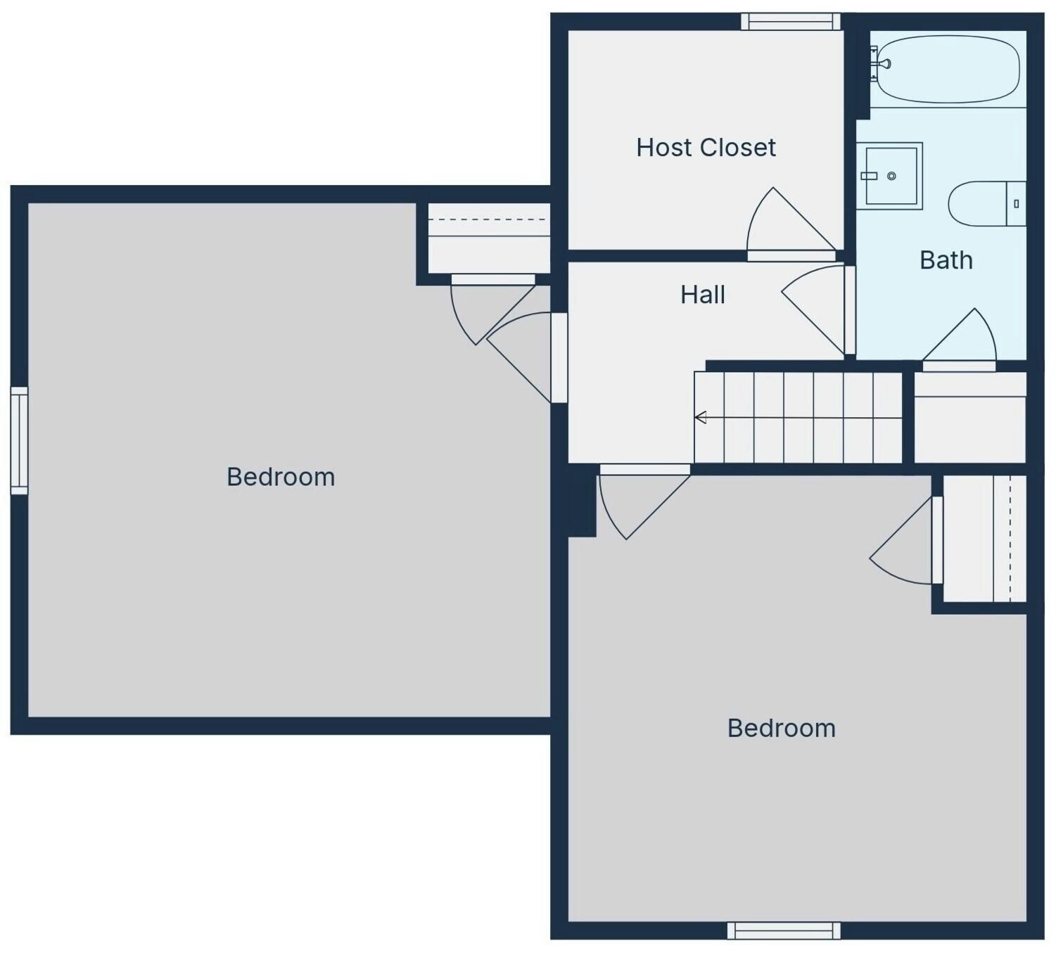 A floor plan with two bedrooms, a hall, a host closet, and a bathroom.