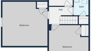 A floor plan with two bedrooms, a hall, a host closet, and a bathroom.