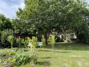 A garden with trees, a brick wall, and a grassy area. - Léontine Guest Room – Canal des Deux Mers by Bike (Lamagistère)