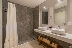 Secadora de cabello, toallas, shampoo, papel de baño 