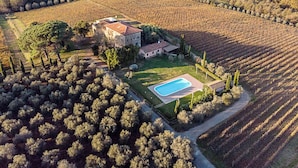 An aerial view of a vineyard estate with a swimming pool, stone buildings, and terraced fields. - Agriturismo gli Archi (Fauglia)