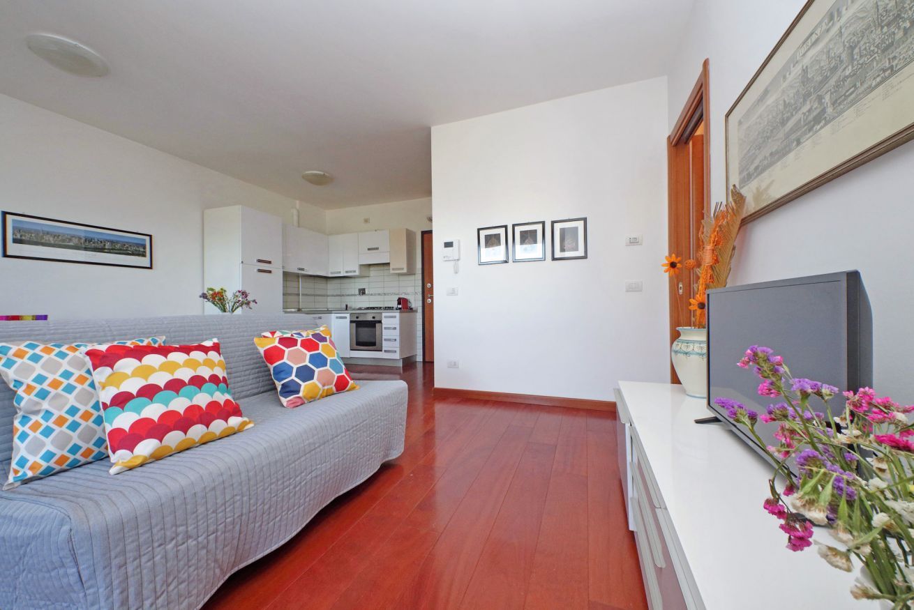A living room with a grey sofa, colorful cushions, a flat-screen TV, and a vase with flowers.