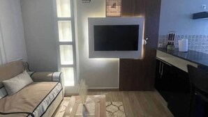 Un salon moderne comprenant un canapé, un téléviseur à écran plat fixé au mur, un coin cuisine avec un plan de travail et un tapis à motifs.