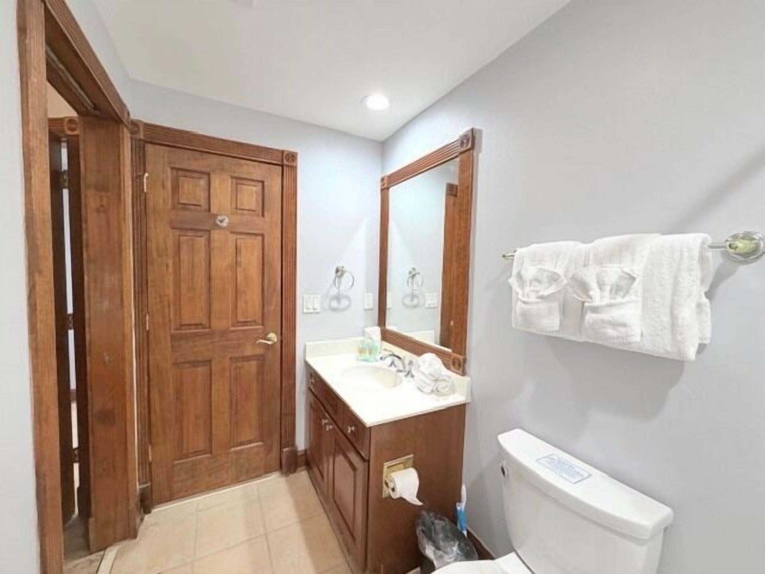 A bathroom with a wooden door, a mirror, a toilet, and a towel rack.